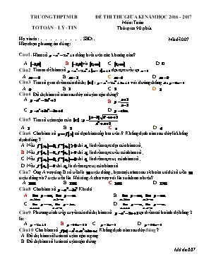 Đề thi thử giữa kì môn Toán Lớp 12 - Mã đề thi 007 - Năm học 2016-2017 (Kèm đáp án)
